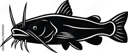 Bold black and white silhouette of a Channel Catfish. This strong vector design is suitable for fishing team logos and southern cuisine branding.