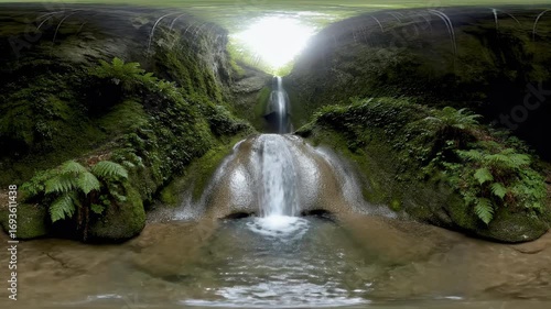 360 VR Immersive View of Serene Waterfall in Lush Mossy Gorge. Natural Forest Landscape