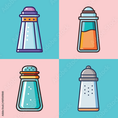 Four Colorful Cartoon Salt and Pepper Shakers; Flat Design; Pastel Backgrounds; Kitchen Icon Set