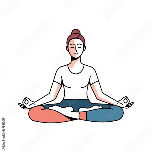 A woman in a seated lotus position meditates with eyes closed, promoting inner peace.
