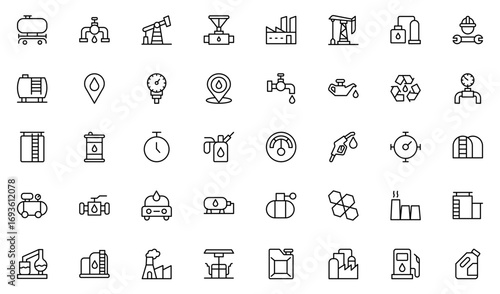 Oil and Gas outline icon set. Containing fuel, refinery, petroleum, oil well, gas pump, offshore platform, lubricant, oil barrels and more. Thin outline icons pack. Vector illustration