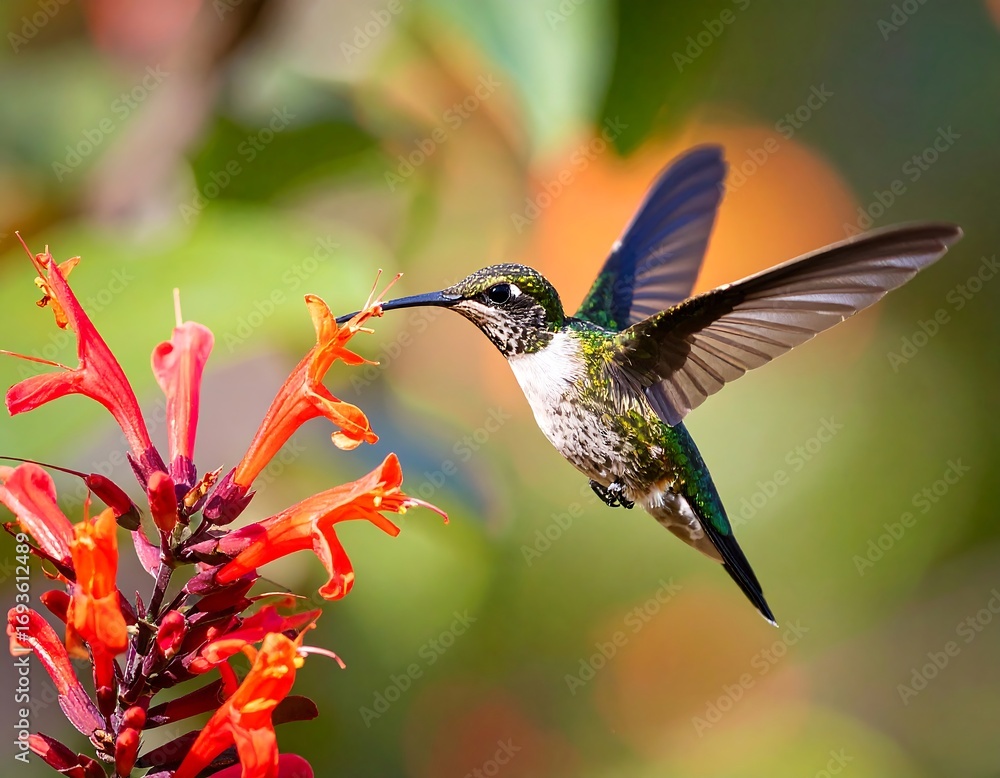 Fototapeta premium Hummingbird in flight, feeding on vibrant flowers