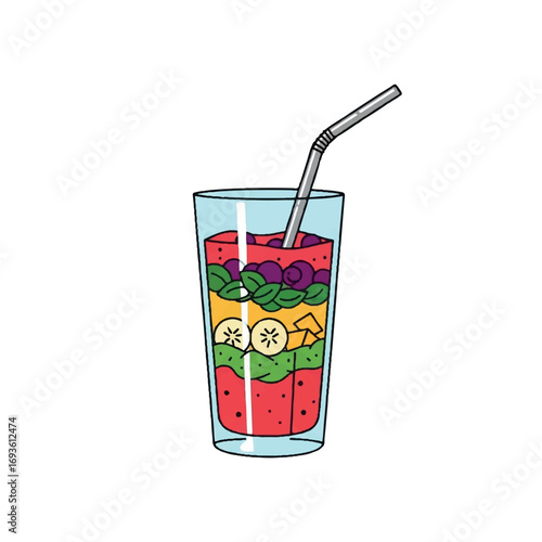 Colorful layered smoothie in a tall glass with a metal straw, healthy refreshment.