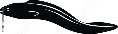 Minimalist black silhouette of an Eel. A sleek and mysterious vector graphic for seafood menus, marine biology themes, and unique logo designs.