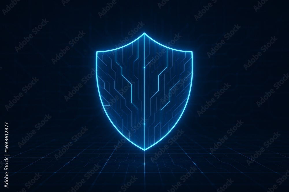 Fototapeta premium Blue Shield with Digital Lines - Symbol of Network Security