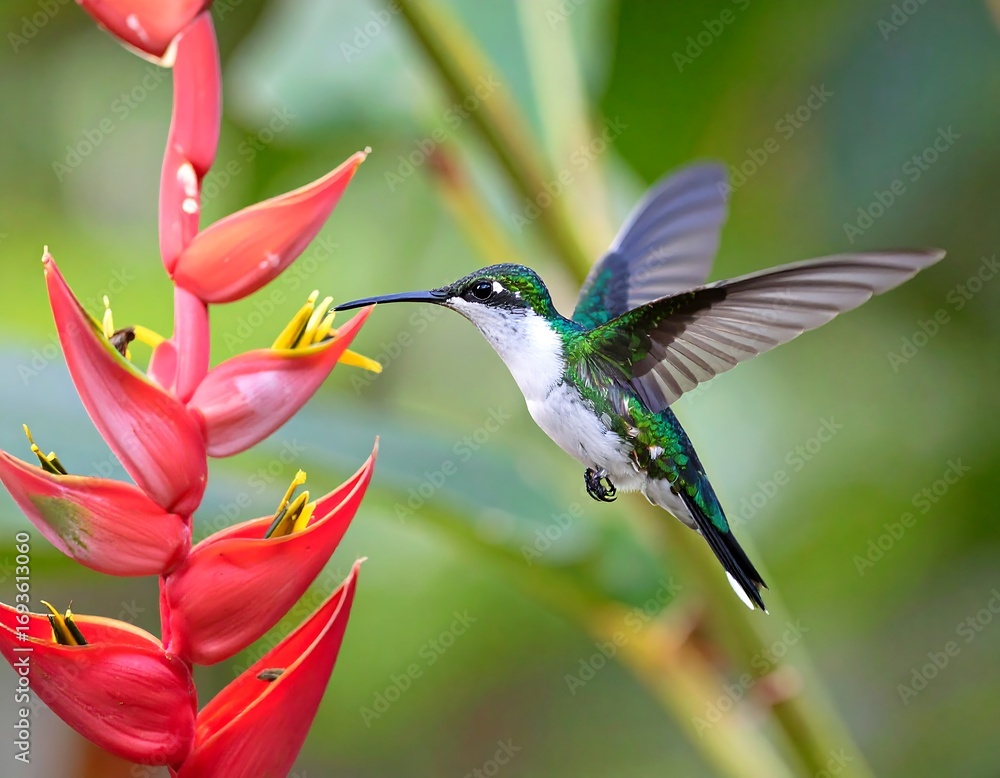 Fototapeta premium Hummingbird in flight near red flower