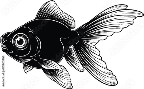 Graceful black and white illustration of a Black Moor Goldfish with large telescope eyes. Ideal for ornamental fish stores and elegant aquatic designs.