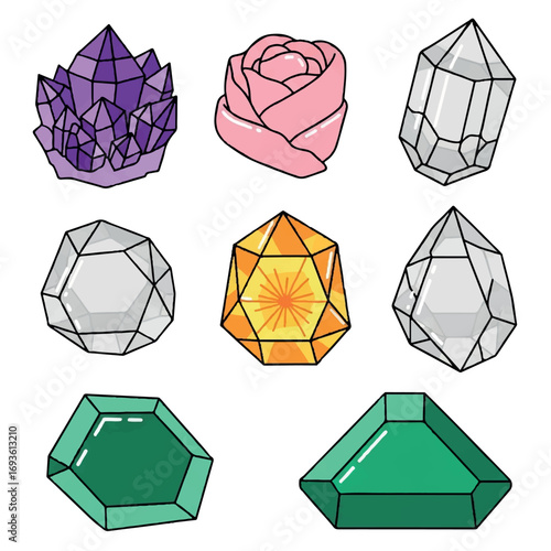 Colorful cartoon gems and crystals in various shapes and colors.