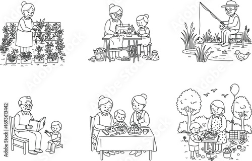 Grandparents and Grandchildren Engaging in Various Activities: Happy Family Bonding Moments and Fun Pastimes Vector Illustration Set.