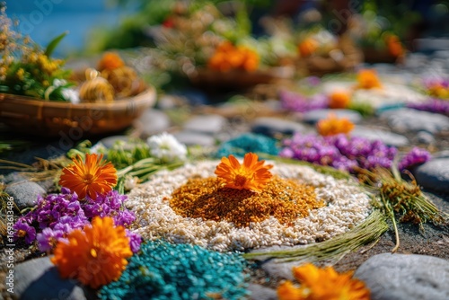 Vibrant and Colorful Arrangement of Natural Ingredients with Flowers and Grains on Stone Surface in an Outdoor Setting, Ideal for Culinary and Cultural Themes