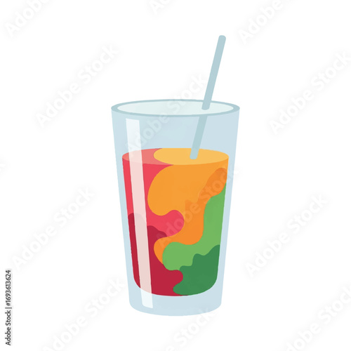 Illustration of a tall glass filled with a multi-layered colorful drink and a straw, isolated on a white background.