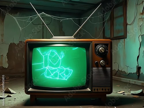 Retro television with green screen glowing in abandoned building interior with graffiti and broken walls