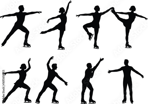 A Collection of Dynamic Ice Skater Silhouettes in Various Poses, Including Solo and Pair Skating, Perfect for Winter Sports and Olympic Themes
.