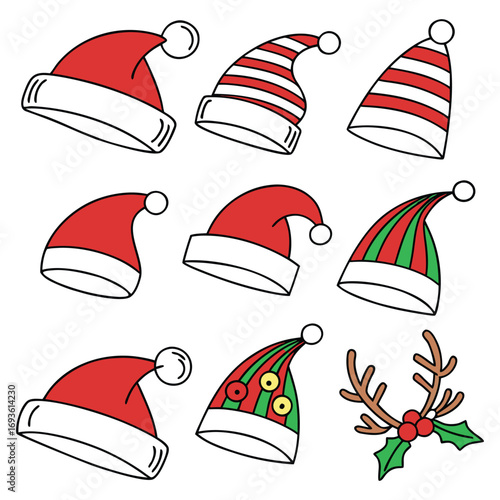 Collection of festive santa hats and reindeer antlers with holly and berries