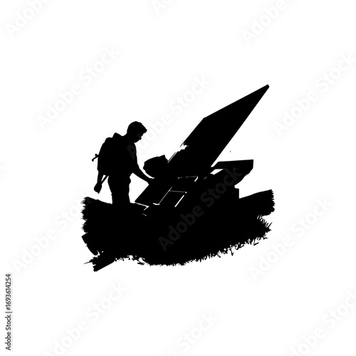 Hiker Adjusting Solar Panel on Hill in Black Silhouette