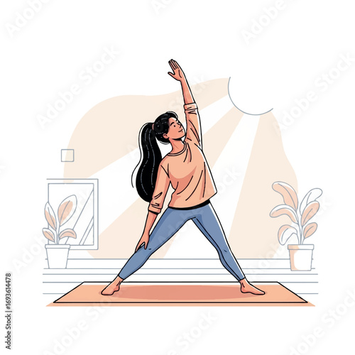 Woman practicing yoga,  in a Warrior Two pose,  at home,  with sunlight.