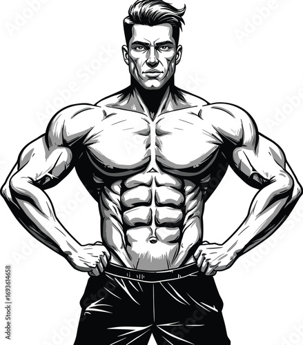 A Striking Black and White Vector Illustration of a Muscular Man with a Powerful Physique and Six-Pack Abs, Ideal for Fitness and Bodybuilding Content