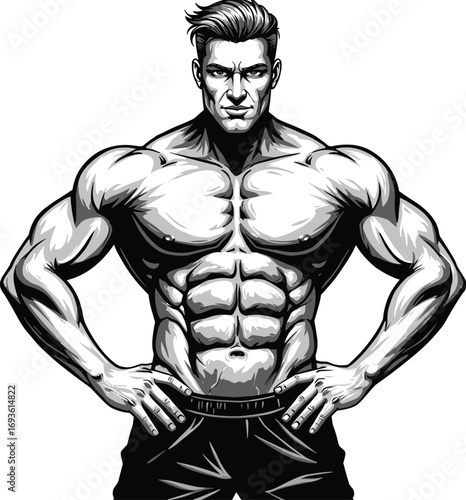 A Striking Black and White Vector Illustration of a Muscular Man with a Powerful Physique and Six-Pack Abs, Ideal for Fitness and Bodybuilding Content
.