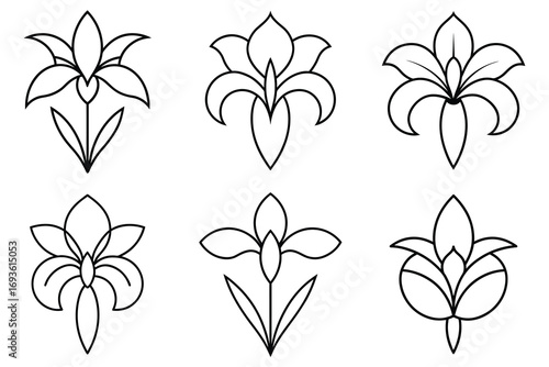 Set of six stylized black hibiscus flower icons with five petals