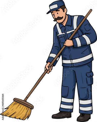 A mustachioed sanitation worker stands holding a broom.