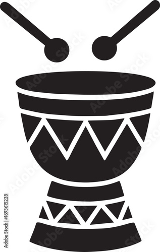Traditional Drum Silhouette with Drumsticks Percussion Instrument Icon Music Rhythm Symbol Cultural Festival Design for Dance Celebration Entertainment and Sound Illustration