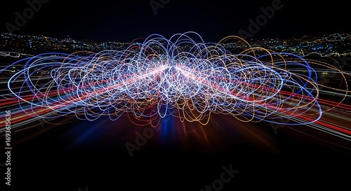 A futuristic vision of digital connectivity and urban energy, captured in vibrant, swirling,symmetrical light trails against a dark night sky