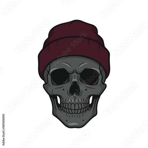Grotesque skull wearing warm beanie headwear detailed artistic illustration graphic element vector