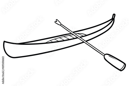 Black and white outline drawing of a canoe with a paddle on a white background kayak boat
