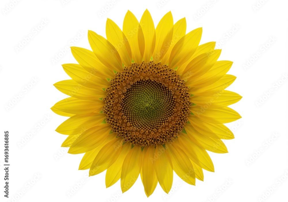 Naklejka premium A vibrant sunflower displays its bright yellow petals against a stark white background.