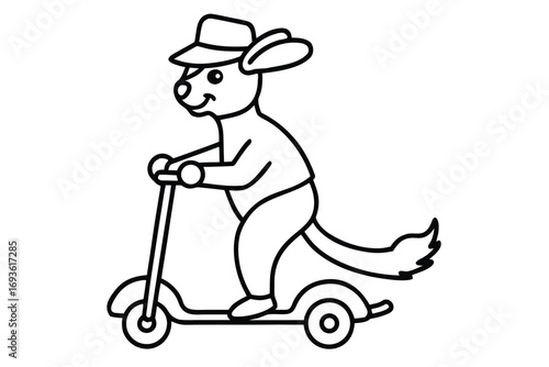 Cartoon line drawing of a dog wearing a hat riding a scooter Keywords: dog, animal, pet, scooter, riding, transportation, fun