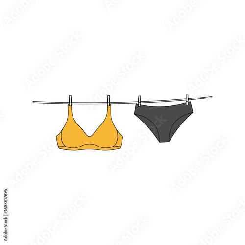 Stylish yellow bikini top and black bottoms drying on clothesline minimalist sketch illustration vector