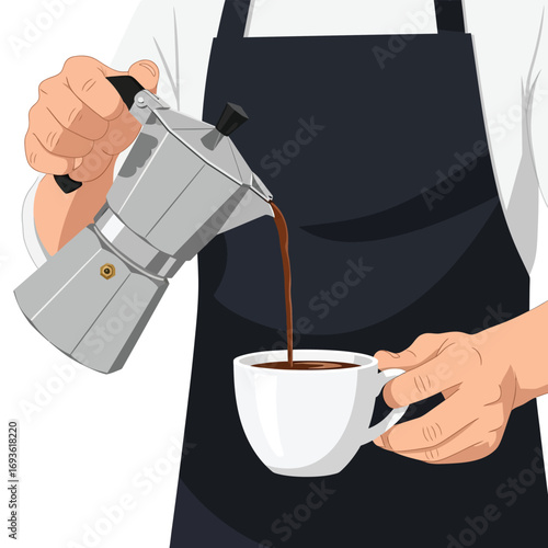 Pouring Coffee into a White Mug with Moka Pot