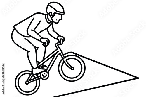 Line art illustration of a person riding aBMX bike down a ramp Keywords: bmx, bike, bicycle, rider, cycling, extreme sports, sport