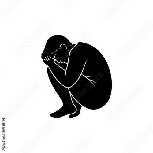 Sad person crouching silhouette isolated on white background