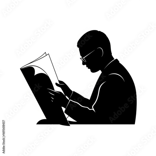 Man reading newspaper silhouette isolated on white background