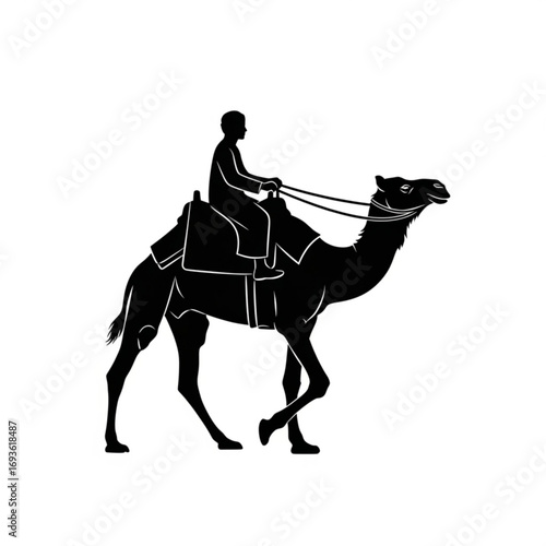 Silhouette of a person riding a camel isolated on white background