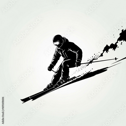 Skiing silhouette of a person descending a slope isolated on white background