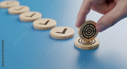 Achieve business goals by placing target icon on checkmark sequence, strategic planning success