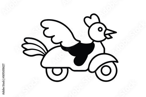 Outline drawing of a chicken with wings riding a scooter animal