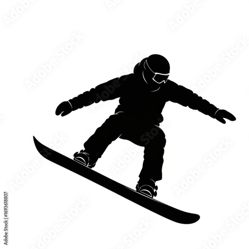 Snowboarder performing a jump silhouette isolated on white background