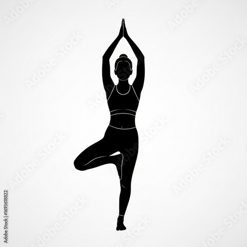 Woman performing vrksasana yoga pose silhouette isolated on white background
