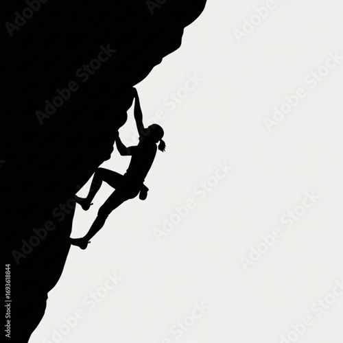 Woman rock climbing silhouette isolated on white background