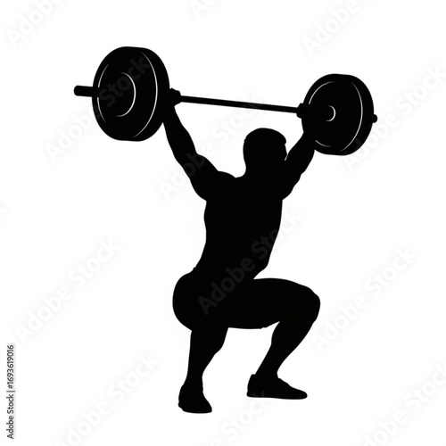 Weightlifter performing a squat with a barbell overhead silhouette isolated on white background