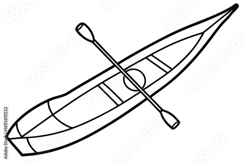 Simple Outline Drawing of a Kayak with Paddle on White Background Keywords: kayak, canoe, paddle, boat, watercraft, outline, drawing
