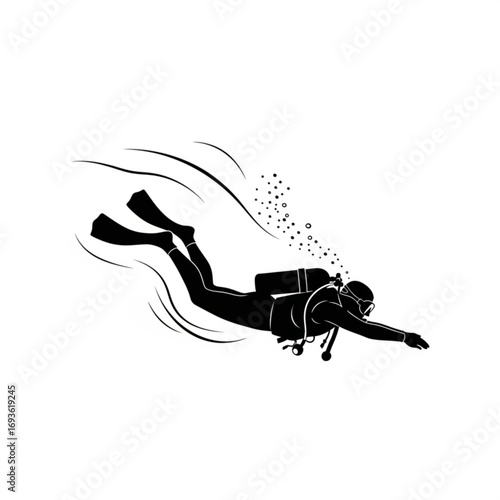 Scuba diver swimming underwater silhouette isolated on white background