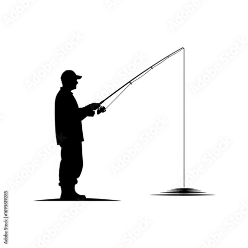Fisherman silhouette holding fishing rod isolated on white background silhouette