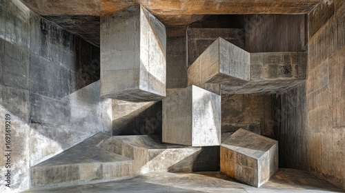 Angular concrete composition with floating cubes and shadows creating an optical illusion