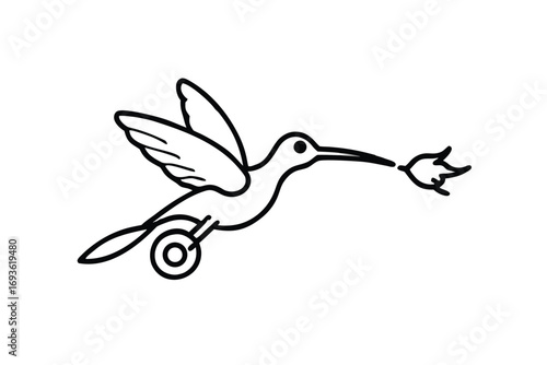 Stylized hummingbird with a flame in its beak on a white background Keywords: hummingbird, bird, flying, flame, fire, beak, wings