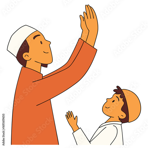 Father and son praying together, showing faith and devotion in simple cartoon style illustration