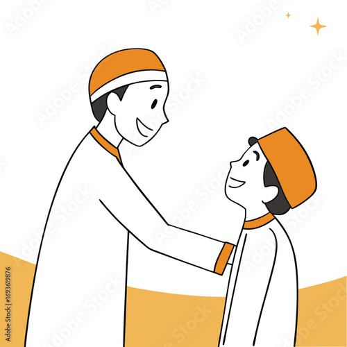 Loving father and son in Ramadan illustration sharing a heartwarming moment under the starry night sky